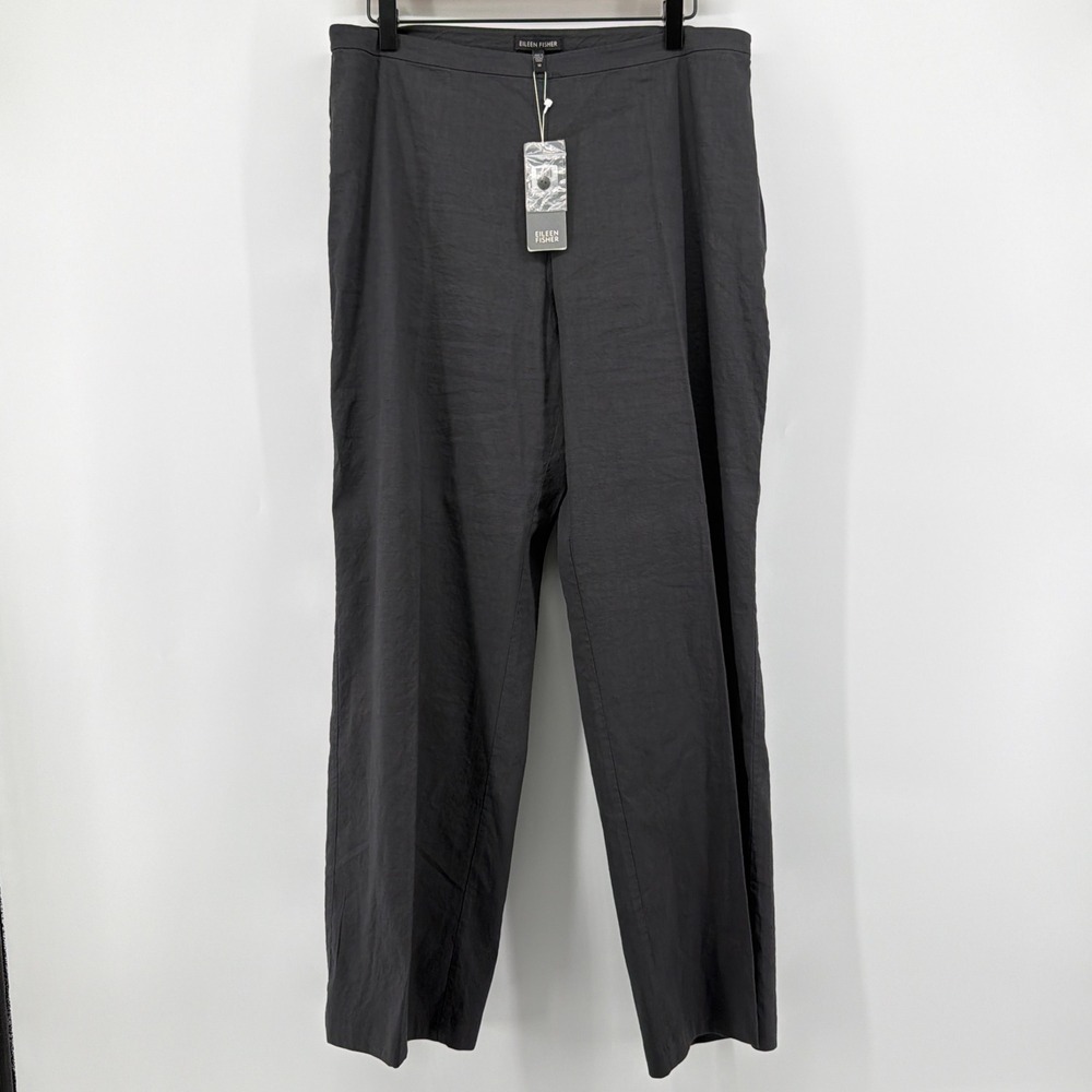 NWT Eileen Fisher Italian Linen Viscose Stretch Straight Pants Size 12 Charcoal